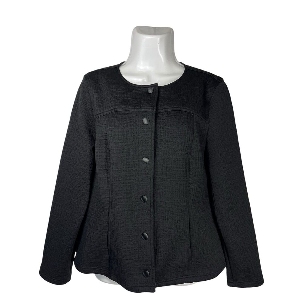 Chico's Jacket Size 1 M Black Textured Crew Neck Snap Cardigan Sweater Office